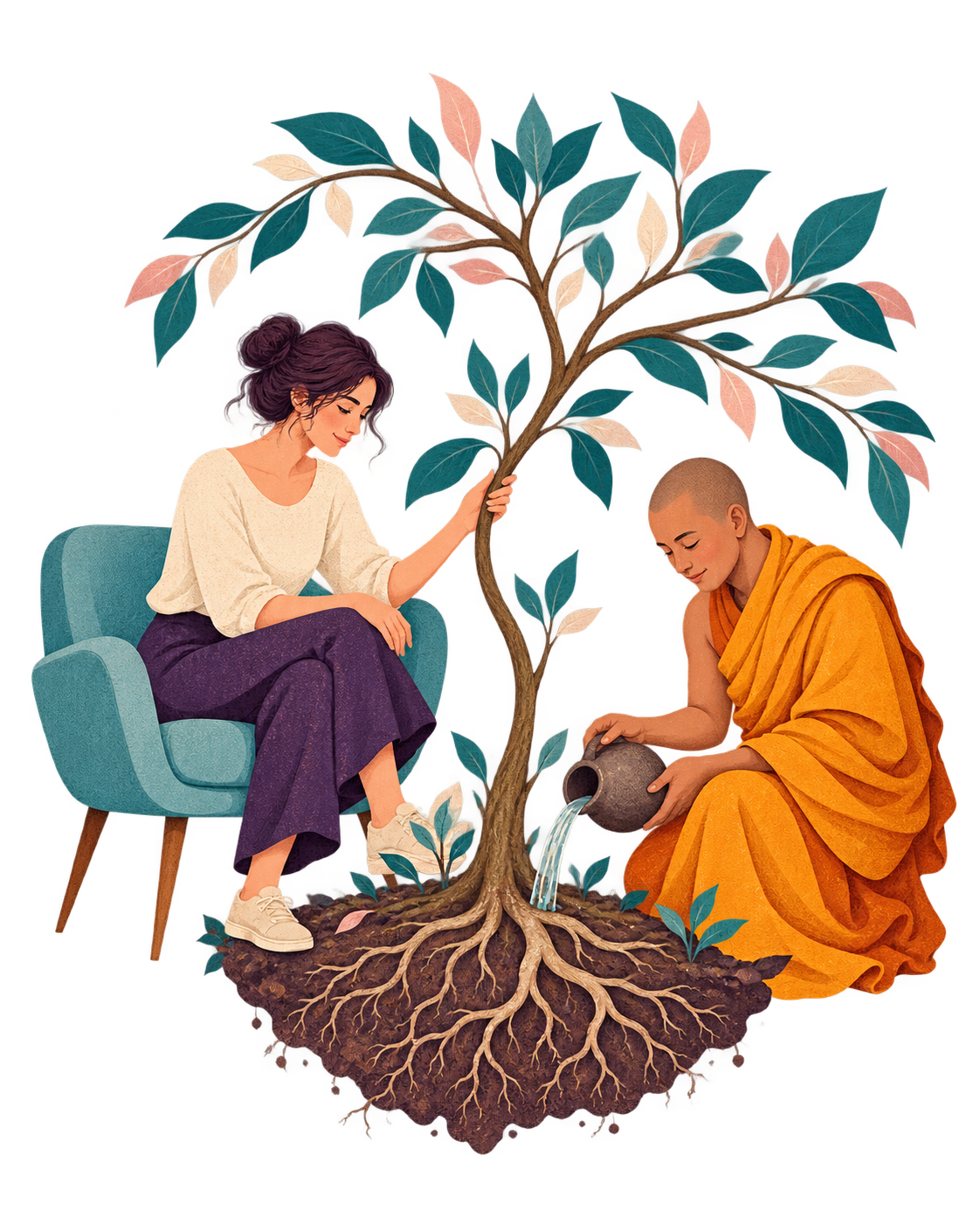 Eine Frau und ein buddhistischer Mönch pflegen gemeinsam einen Baum
